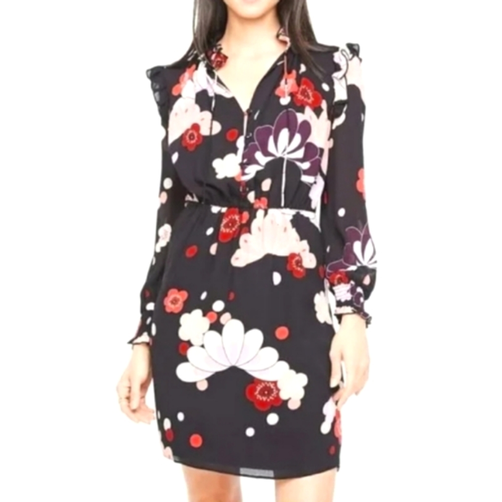 Ann Taylor Blossoms ruffle neck ties longsleeves floral  dress women's size XS